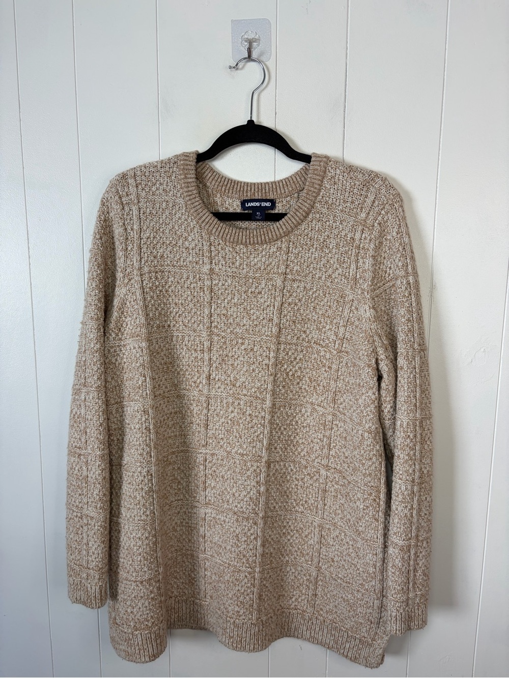 Lands End Brown Tan Cable Knit Fisherman Crewneck Pullover Tunic Sweater Size XL - Picture 3 of 9